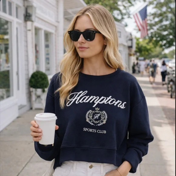 Lazy Sunday Hamptons Sports Club Cropped Embroidered Sweatshirt Coastal Preppy M - Picture 1 of 9